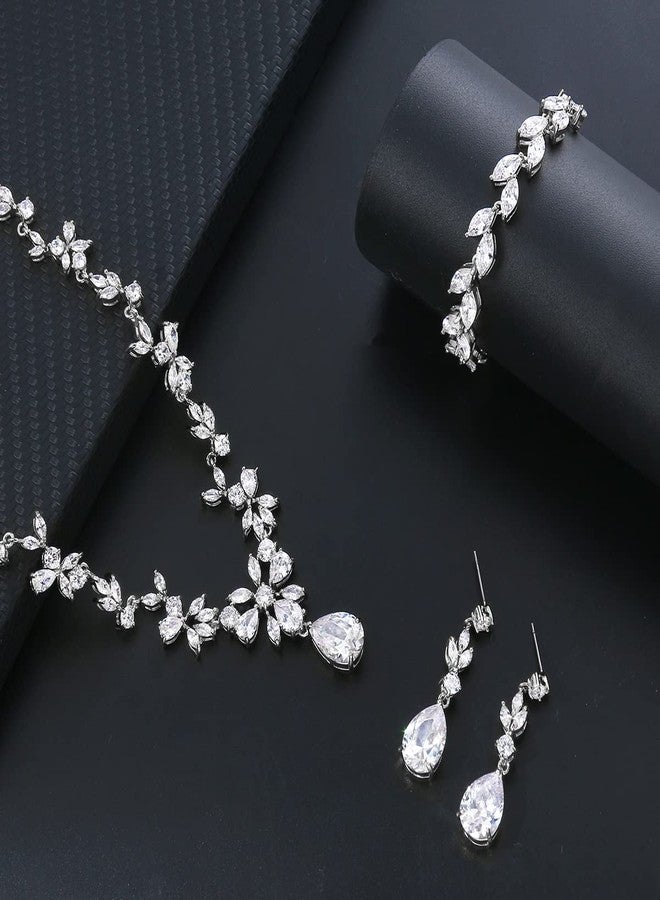 MEEDOZ White Gold Plated Necklace Dangle Earring Adjustable Bracelet Set with Marquise Teardrop Cubic Zirconia for Women (White Gold Plated) - Image 3